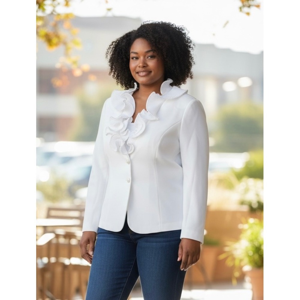 Ashro Ruffle Front Blazer Womens 22 White Exc Pleated Collar Church Formal